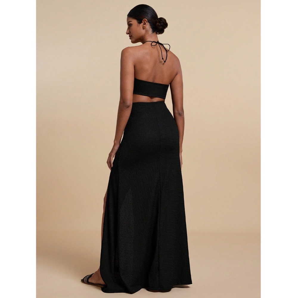 Black Long Dress Strappy Criss Cross Cut Out Detail Neck Ties - Picture 5 of 9